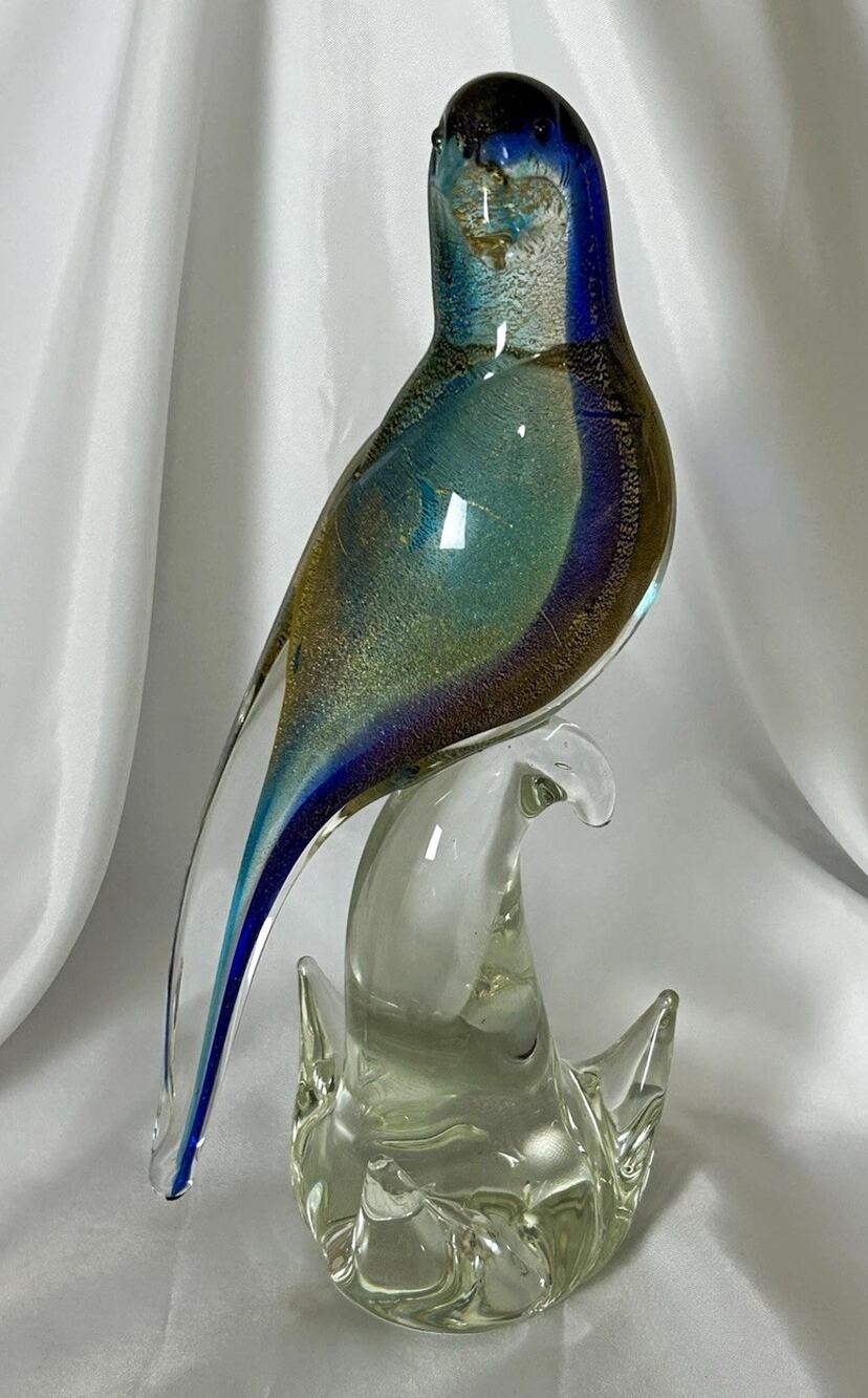 Beautiful Vintage Murano Glass Parrot By Sandro Frattin. Aventurine Technique.